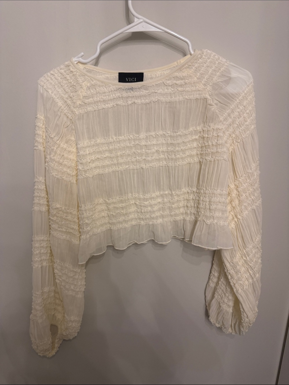 VICI Cream Smocked Long Sleeve Cropped Blouse